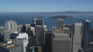 DCSF05_018 - 5K aerial stock footage Follow Market Street toward Ferry Building and San Francisco Bay, Downtown San Francisco, California