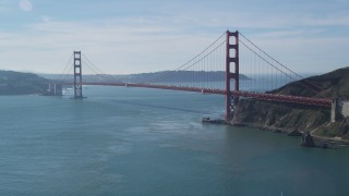 DCSF05_040 - 5K aerial stock footage Tilting up from San Francisco Bay to reveal Golden Gate Bridge, San Francisco, California
