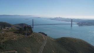 DCSF05_049 - 5K aerial stock footage The Golden Gate Bridge, San Francisco Bay, and San Francisco skyline, seen from Marin Headlands, California