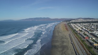DCSF05_054 - 5K aerial stock footage Waves rolling in toward Ocean Beach, Outer Sunset District, San Francisco, California