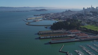 DCSF05_067 - 5K aerial stock footage Fly over Fort Mason, Aquatic Park Pier, approach Fisherman's Wharf, San Francisco, California