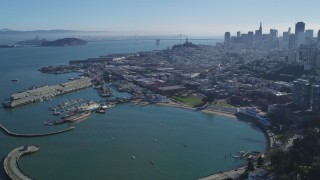 DCSF05_068 - 5K aerial stock footage Flyby historic ships at Hyde Street Pier and Fisherman's Wharf, San Francisco, California