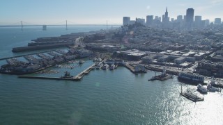 DCSF05_070 - 5K stock footage aerial video Flyby Pier 39 and marina, San Francisco skyline in background, San Francisco, California