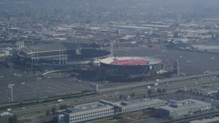 DCSF05_082 - 5K stock footage aerial video Flying by O.co Coliseum and the Oracle Arena, Oakland, California