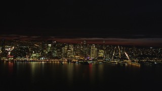 DCSF06_003 - 5K aerial stock footage Approach Downtown San Francisco from San Francisco Bay, California, night