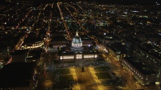 DCSF06_006 - 5K aerial stock footage Orbit San Francisco City Hall, Civic Center, San Francisco, California, night