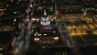 DCSF06_007 - 5K aerial stock footage Flyby San Francisco City Hall, Civic Center, San Francisco, California, night