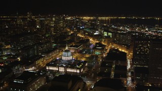DCSF06_008 - 5K aerial stock footage Flying away from San Francisco City Hall and Civic Center, San Francisco, California, night