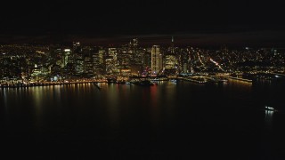 DCSF06_013 - 5K aerial stock footage Flyby the Downtown San Francisco skyline, revealing Bay Bridge, California, night