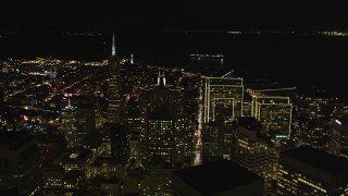DCSF06_022 - 5K aerial stock footage Fly over Financial District, approach Transamerica Pyramid and Coit Tower, San Francisco, California, night