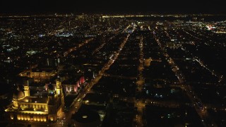 DCSF06_053 - 5K aerial stock footage St. Ignatius Church, Fulton Street, Inner Richmond District, San Francisco, California, night