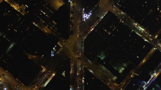 DCSF06_066 - 5K aerial stock footage Bird's eye view of Columbus Avenue, North Beach, San Francisco, California, night