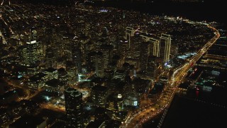 DCSF06_070 - 5K aerial stock footage High altitude view of Downtown San Francisco, California, night