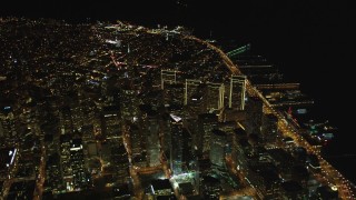 DCSF06_078 - 5K aerial stock footage High altitude approach to the Financial District, Downtown San Francisco, California, night