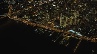 DCSF06_081 - 5K aerial stock footage High altitude view of Ferry Building, Downtown San Francisco, California, night
