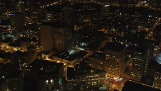DCSF06_094 - 5K stock footage aerial video Flying over high-rises toward Lake Merritt, Downtown Oakland, California, night