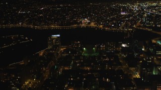 DCSF06_095 - 5K stock footage aerial video Pan across downtown and Lake Merritt, Downtown Oakland, California, night