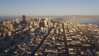 DCSF07_023 - 5K aerial stock footage Downtown skyscrapers, and I-80 in South of Market, San Francisco, California, sunset