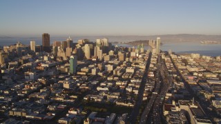 DCSF07_024 - 5K aerial stock footage View of Financial District skyscrapers and Interstate 80, San Francisco, California, sunset