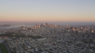 DCSF07_055 - Aerial stock footage of 5K Aerial Video Fly over Marina District, approach Downtown San Francisco, California, sunset