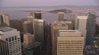 DCSF07_079 - Aerial stock footage of 5K Aerial Video Follow Market Street to approach Ferry Building, Downtown San Francisco, California, twilight