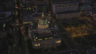 DCSF07_090 - Aerial stock footage of 5K Aerial Video Orbit San Francisco City Hall in Civic Center, San Francisco, California, night