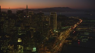 DCSF07_105 - Aerial stock footage of 5K Aerial Video Flyby skyscrapers and high-rises in Downtown San Francisco, California, twilight