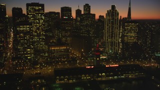 DCSF07_112 - Aerial stock footage of 5K Aerial Video Flyby Ferry Building and towering skyline of Downtown San Francisco, California, twilight
