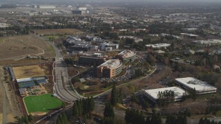 DCSF08_017 - Aerial stock footage of 5K Aerial Video Orbit office buildings by Googleplex, Mountain View, California