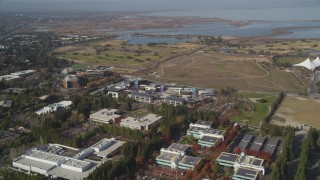 DCSF08_018 - Aerial stock footage of 5K Aerial Video Flying by Googleplex and Shoreline Golf Links in Mountain View, California