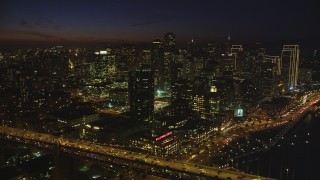 DCSF10_081 - Aerial stock footage of 5K Aerial Video Downtown San Francisco seen from the Bay Bridge, California, night