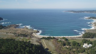 DCSF11_012 - Aerial stock footage of 5K Aerial Video Approach Carmel Bay and beach by Highway 1 by Carmelite Monastery, Carmel, California