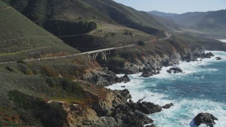 DCSF11_018 - Aerial stock footage of 5K Aerial Video Flying by a bridge spanning a gorge, Highway 1, Carmel, California
