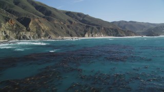DCSF11_027 - Aerial stock footage of 5K Aerial Video Fly over ocean kelp near steep coastal cliffs, Big Sur, California