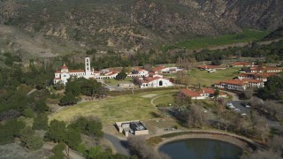 DFKSF01_014 - 5K aerial stock footage of approaching Thomas Aquinas College, Santa Paula, California
