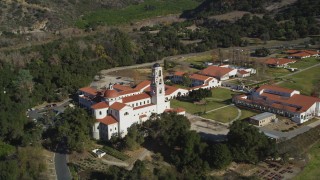DFKSF01_015 - 5K aerial stock footage of orbiting the Thomas Aquinas College campus, Santa Paula, California