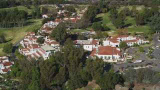 DFKSF01_021 - 5K aerial stock footage of approaching the Ojai Valley Inn and Spa hotel, Ojai, California