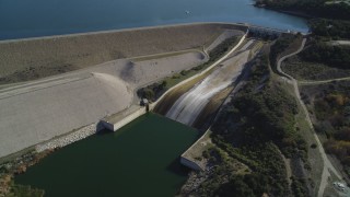 DFKSF01_061 - 5K aerial stock footage of flying by Bradbury Dam at Lake Cachuma, California