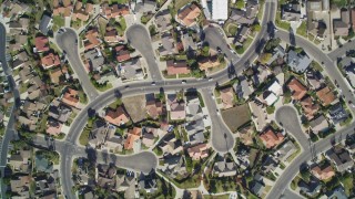 DFKSF02_008 - 5K stock footage aerial video of bird's eye view over farm fields, suburban neighborhoods, Santa Maria, California