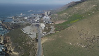 DFKSF02_071 - 5K aerial stock footage of approaching the coastal Diablo Canyon Power Plant, Avila Beach, California