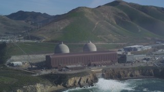 DFKSF02_076 - 5K stock footage aerial video of an orbit of the coastal Diablo Canyon Power Plant, Avila Beach, California