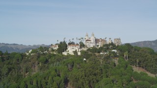 DFKSF03_070 - 5K stock footage aerial video of lying away from iconic Hearst Castle, San Simeon, California