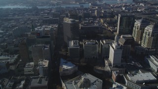 DFKSF05_005 - 5K aerial stock footage of passing city hall and surrounding city buildings, Downtown Oakland, California