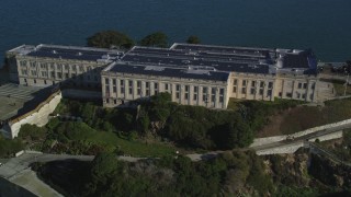 DFKSF05_025 - 5K aerial stock footage of flying around the Main Cell House building of iconic Alcatraz, San Francisco, California