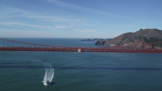 DFKSF05_036 - 5K aerial stock footage of flying over the iconic Golden Gate Bridge toward the Marin Headlands, San Francisco, California