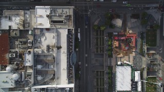 DFKSF06_034 - 5K aerial stock footage bird's eye view over Geary Street, Union Square, Downtown San Francisco, California