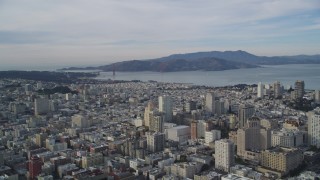 DFKSF06_049 - 5K aerial stock footage pan across Nob Hill and Russian Hill office and apartment buildings, San Francisco, California
