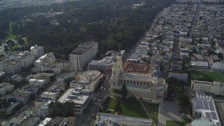 DFKSF06_054 - 5K aerial stock footage pan from University of San Francisco to approach St. Ignatius Church, San Francisco, California