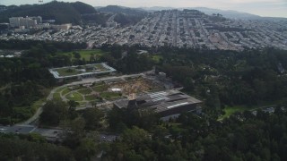 DFKSF06_060 - 5K aerial stock footage of orbiting the museums and concourse in iconic Golden Gate Park, San Francisco, California