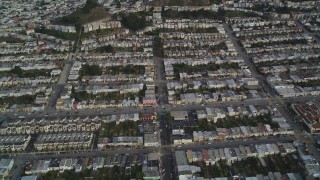 DFKSF06_068 - 5K aerial stock footage fly over row houses and city streets in the Inner Sunset District, San Francisco, California